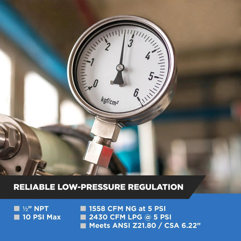 Natural gas regulator with round dial gauge (kgf/cm2) and steel inlet fittings