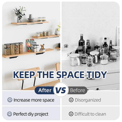 Comparison of tidy shelves with Hidden Floating Shelf Brackets Set 6 Pack 6 Inch Heavy Duty Black Metal L Brackets and messy area