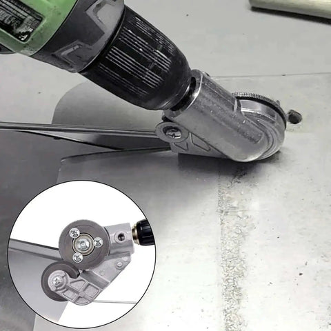 Heavy Duty Drill Nibbler Sheet Metal Cutter Kit For Electric Drills With Attachments shown cutting metal sheet close-up