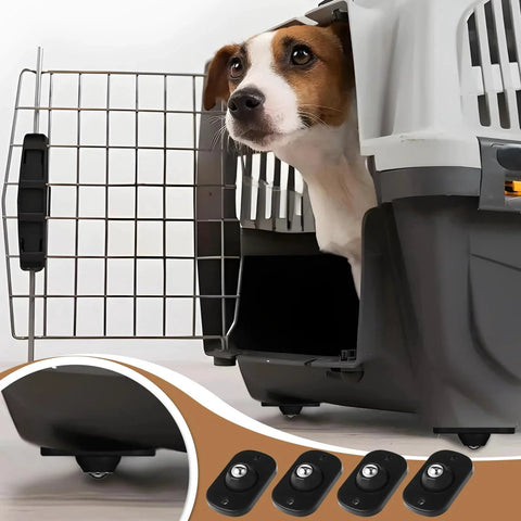 Dog in a carrier with Self Adhesive Caster Wheels Set 16 Pieces With 360 Degree Swivel Mini Appliance Rollers attached