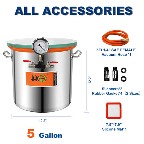 BACOENG 5 Gallon stainless steel vacuum chamber with tempered glass lid and pressure gauge