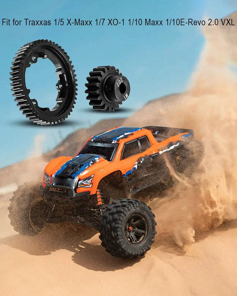 Beefy 50T M1.0 hardened steel spur gear with 20T pinion displayed with Traxxas RC car in motion, improving power transfer.