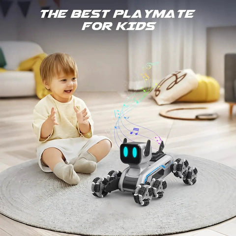 Dynamic Eight Wheel Robot Dog RC Stunt Car With Gesture Sensing Remote Mecanum Wheels playing with child on rug