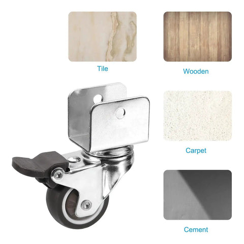 1.5 Inch Swivel Caster Wheels With 1 Inch U Bracket Four Pack Mute Casters With Brake For Cabinets Furniture And Tables Total Load 132 Lbs 60 Kg TPR Wheel And Mounting Hardware Included on tile, wooden, carpet, and cement surfaces