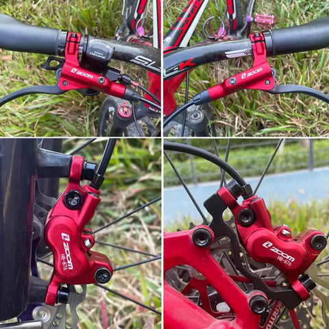 Red JFOYH Zoom HB876 4-piston hydraulic disc brake set with 160mm rotors; front and rear levers shown
