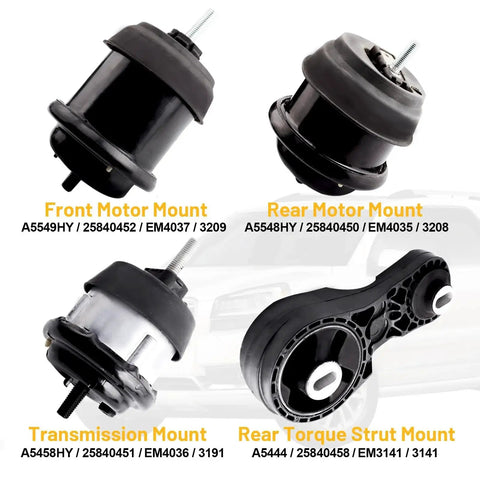 Direct Fit Engine Motor Mount Replacement For 2009 To 2019 Traverse Enclave Acadia Saturn 3 6L Automatic Transmission OE Replacement A5444 A5548HY A5549HY A5458HY Durable Easy Install For A Quiet Smooth Ride front and rear mounts with torque strut.