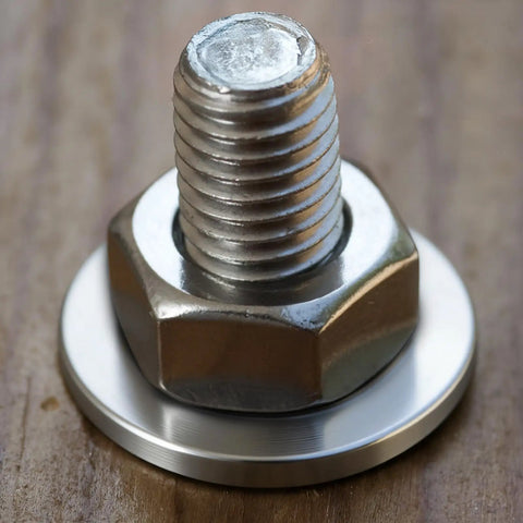 Close-up of installed M6 Stainless Steel Flat Washer on bolt, part of a 50-piece set, durable 304 stainless steel, rust resistant.