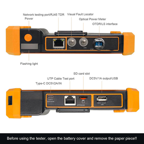 OTDR Fiber Tester WANLUTECH handheld, orange bumper; front: RJ45 TDR, VLS/OPM/OTDR, back: SD slot, Type-C, USB