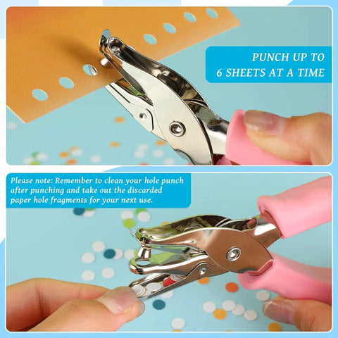 24 Pack Single Hole Punches Handheld One Quarter Inch Metal Paper Puncher With Soft Grip Handles shown during use on paper