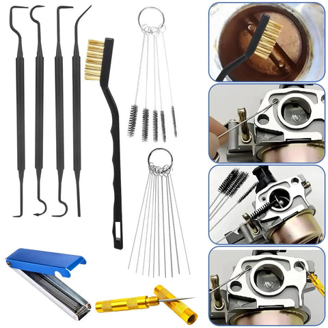 Nine Piece Carburetor Cleaning Tool Kit with stainless needles, nylon brushes, hooks for motorcycle, ATV, chainsaw, welder.