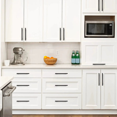 Modern kitchen with white cabinets featuring 5 Pack 10 Inch Matte Black Square Cabinet Pulls Stainless Steel Kitchen Cupboard Dresser Handles.