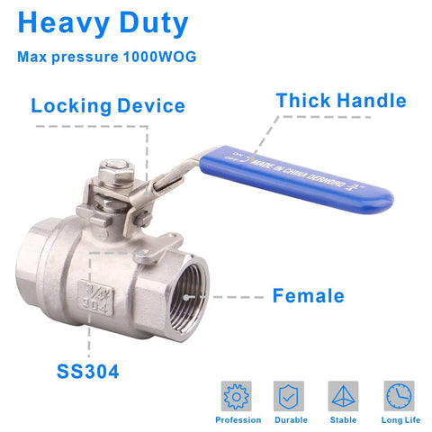 DERNORD stainless steel 304 ball valve, full port, 3/4 in NPT, locking device, blue handle