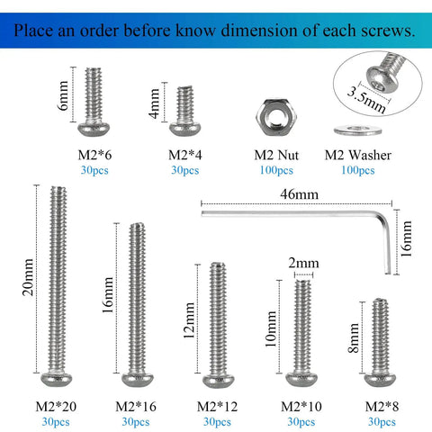 410 Piece Tiny Button Head Hex Socket Cap Screws Kit In 304 Stainless Steel With M2 Through M20 Sizes Zero Point Four Millimeter Pitch Includes Nuts Washers And Hex Keys For Micro Fastening Projects.