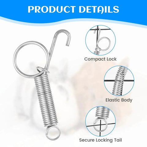 20 Pack Spring Cage Latch Clips For Dog Crates Rabbits Cats Birds Parrots, metal lock details, silver, close-up view