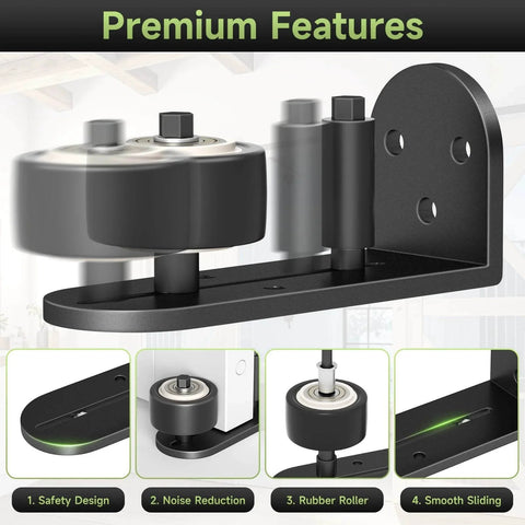 2 Pack Sliding Barn Door Floor Guide Set With Quiet Bearing And Adjustable Rubber Rollers, shown in black aluminum
