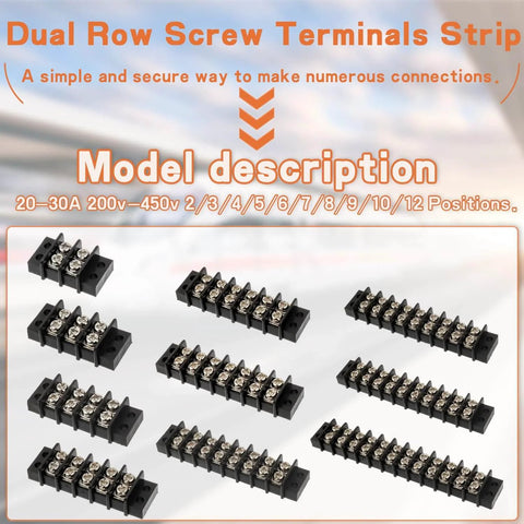 Assorted Three Circuit Terminal Block Kit with Dual Row Screw Terminals, 20-30A, 200-450V, heavy duty wire connection strips.