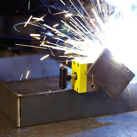 Magnetic Welding Square Base Clamp Holder For Precise Fixturing And Alignment With 150 Lb Holding Power And On Off Capabilities Perfect For Welding Kits Tools And Accessories Including Flat And Round Tubing Magswitch MagSquare 165 In Black in use during welding