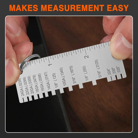 Portable Metal Sheet Thickness Gauge ZeeDix Pro Grade Stainless Steel Plated Size Inspection Tool in hand for measurement.
