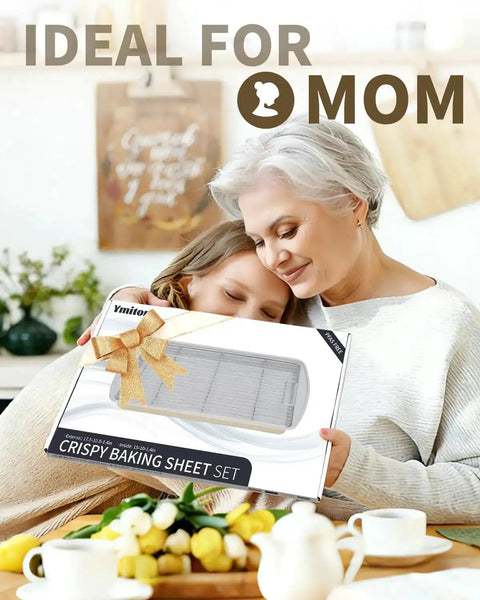Nonstick Crisp Baking Tray With Wire Rack 15x10 Jelly Roll Pan gift box held by mother and daughter in kitchen setting