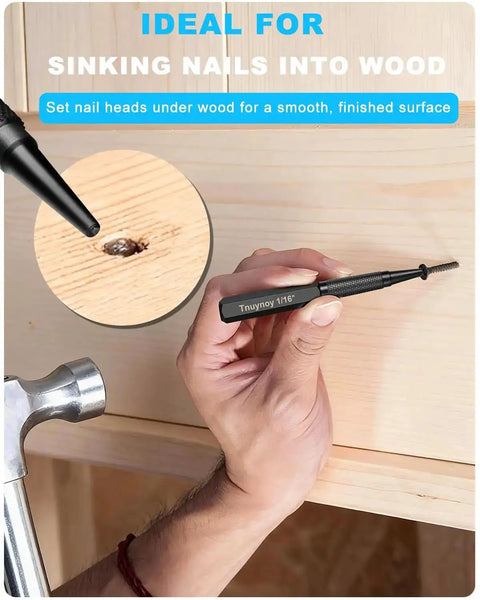 Hand holding 4-Piece Nail Punch And Center Punch Set With Hardened Cr-V Steel And Non-Slip Knurled Grips, using nail setter on wood