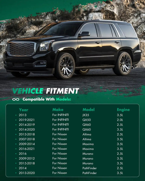 Full-size black SUV parked, vehicle fitment list for Infiniti JX35, QX60, Nissan Altima, Maxima, Murano, Pathfinder, Quest