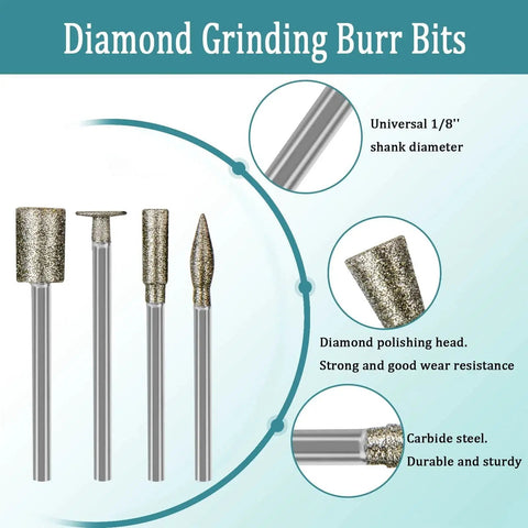 Stone Carving Diamond Burr Bits Set For Dremel Rotary Tools 50 Piece Polishing Kit With One Eighth Inch Shank displayed with details