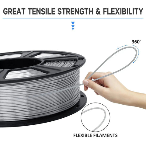 Silk Metallic Silver PLA Filament 1kg Spool 1.75mm Vacuum Pack For 3D Printing showing tensile strength and flexibility