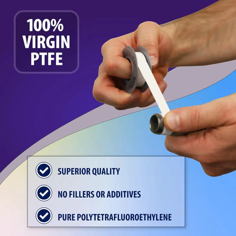 Pro Grade PTFE Thread Seal Tape For Plumbing And HVAC Applications One Quarter Inch By Two Hundred Sixty Inch Heavy Density Tape Delivers Leak Proof Seals On Gas Lines Water Pipes And Air Compressors Non Toxic shown in hand being applied.
