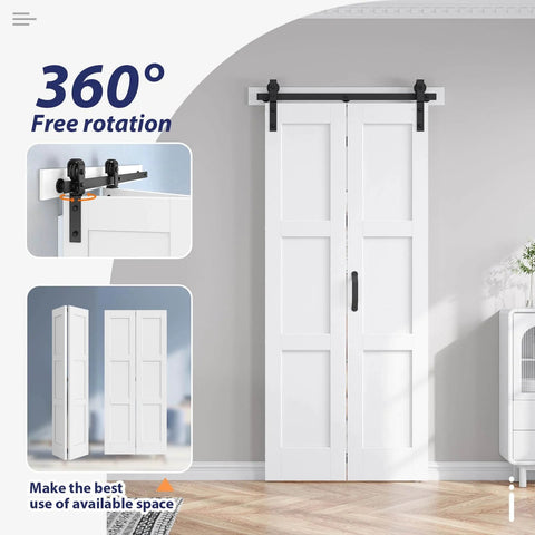 Double 16x84 White Bifold Barn Door Set With 36 Inch Hardware Track Kit Included for Closet, solid MDF, waterproof PVC surface.