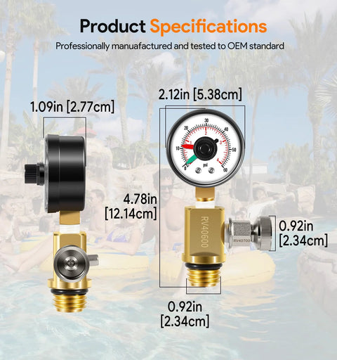 Brass air relief valve with pressure gauge for pool filters; gold body, 0.92in fittings.