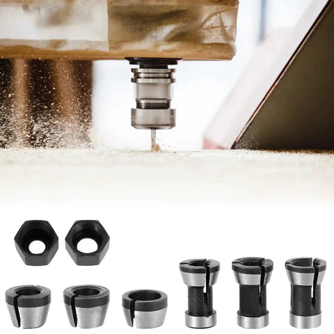 Router in action with Eight Piece Router Collet Chuck Set With Pro Grade High Precision Trimmer Adapters in 6mm 6.35mm 8mm carbon steel