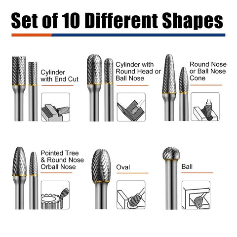 10 Piece Tungsten Carbide Die Grinder Burr Set With One Quarter Inch Shank For Metal Wood Stone Cutting And Engraving Deburring Porting High Durability And Extreme Hardness For Extended Tool Life, showcasing various burr shapes.