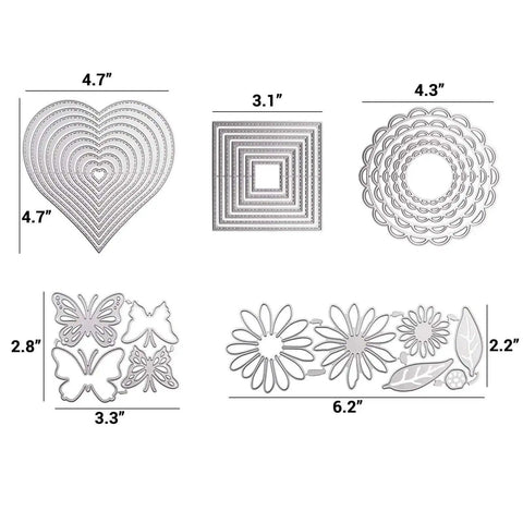 Five Set Metal Cutting Dies And Stencil Kit With Thirty Two Pcs Templates For Scrapbooking And Card Making Heart Round Square Butterfly Flower Shapes Multi Shape Embossing Tools For Album Art And Mothers Day Cards displayed on white background.