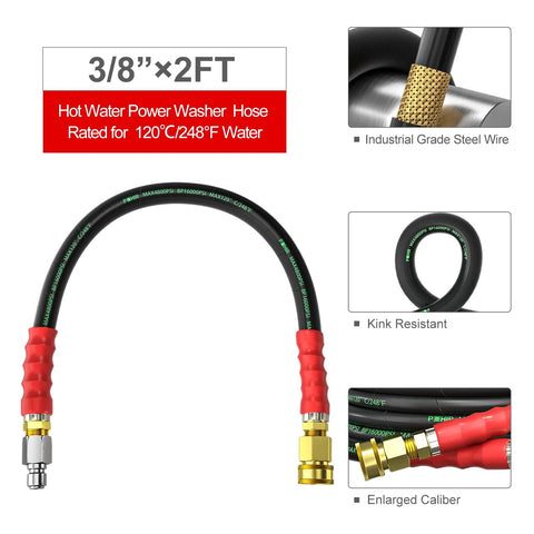 Front view of POHIR 3/8 inch pressure washer whip hose, 2 ft, black hose with red grips and brass fittings