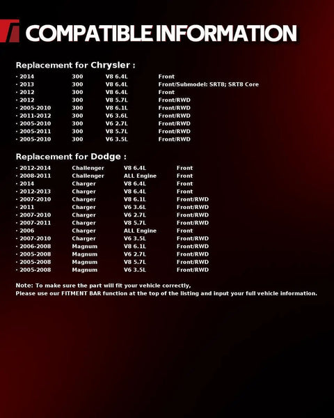 Product compatibility chart for 2005-2014 Chrysler 300, 2006-2014 Dodge Charger, 2008-2014 Dodge Challenger, 2005-2008 Dodge Magnum RWD
