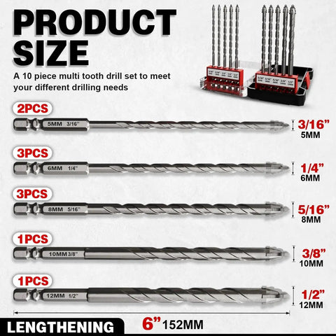 Chart showing sizes of upgraded 6 inch long masonry drill bit set with ten pieces of serrated carbide drill bits for concrete