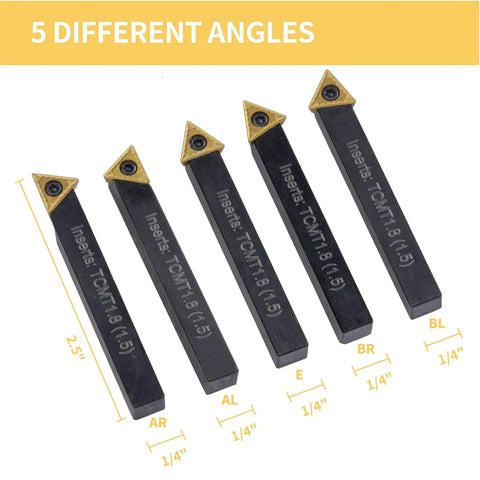Quarter Inch Indexable Turning Tool Set With TCMT Carbide Inserts, Five Pieces, Budget Friendly Metal Lathe Tools, front view