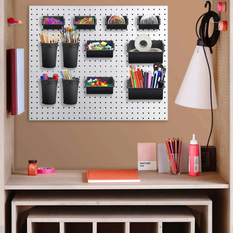 12 Pack Pegboard Bins And Cups Set For One Eighth And One Quarter Inch Pegboard Wall Organizer installed in craft room