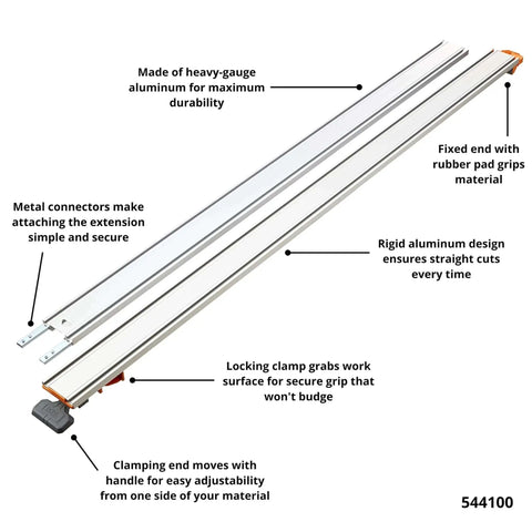 100 Inch Clamp Edge Saw Guide For Straight Cuts Aluminum Track Rail With Dual T Tracks 50 Inch Clamp Edge Plus 50 Inch Extension Pro Grade Setup Saver For Plywood And Large Sheet Materials with labeled features