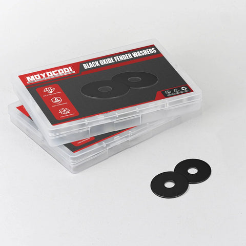 Black oxide fender washers, 3/4 inch OD, 304 stainless steel, stored in clear plastic case.
