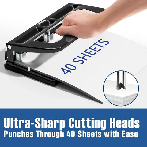 Close-up of a heavy duty 2 or 3 hole punch with adjustable heads, demonstrating 40 sheet capacity, featuring ultra-sharp cutting heads.