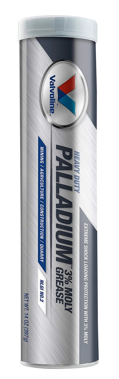 Valvoline Palladium heavy-duty grease cartridge, 14 oz, 3% moly, silver-blue label.