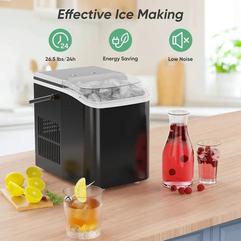 Black Portable Countertop Ice Maker With Handle 26 Lbs 24H 9 Bullet Ice In 6 Minutes on kitchen counter with drinks