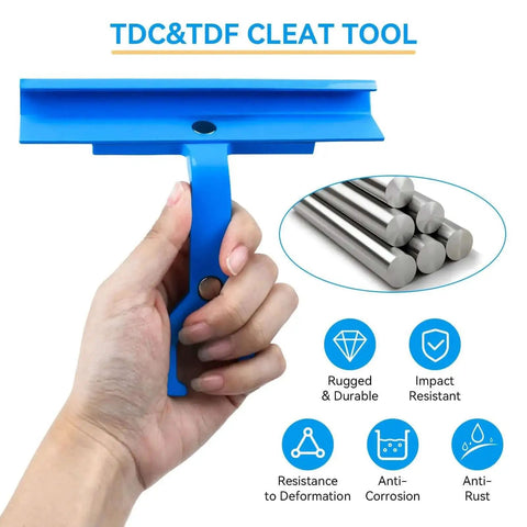 Hand holding 4 Inch Clip Cleat Tool For HVAC Ductwork Quick Install In Tight Spaces PPC PPF Clips Cleats Snap In For TDC And TDF Clamps Pro Grade