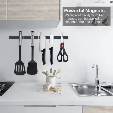 LOVIMAG rare earth neodymium bar magnets with epoxy coating, 60x10x3 mm, pack of 12, installed on a kitchen rail.