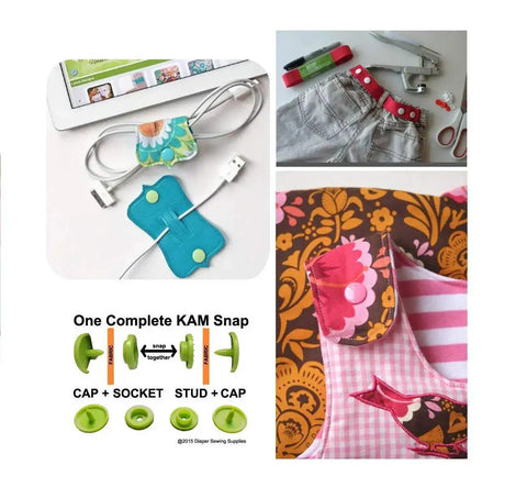 Snap Fasteners Kit With Pliers For Crafts And Cloth Diapers, 384 Sets In 24 Colors, Size 20 T5 Plastic Closures image showing use on clothes and products.