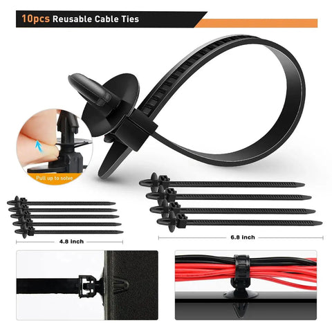 Image of 680Pcs Car Push Retainer Clips Kit 22 Sizes Nylon Bumper Fender Rivets Fasteners Assortment with Cable Ties for Toyota GM Ford Honda Chevy, showing 10 reusable cable ties in various lengths with installation examples.