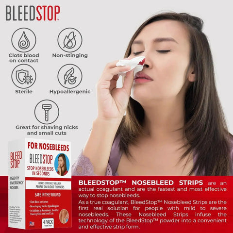 Woman using Fast Acting Nosebleed Strips With Blood Coagulant Foam Inserts That Clot Blood On Contact For Rapid Hemostasis
