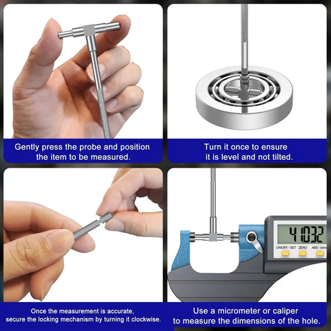 Telescoping Gage Set Six Pack Stainless Steel Bore Gauges For Inside Diameter Measurement Range From Five Sixteenths To Six Inches Ideal For Precision Parts To Large Machinery shown in use with instructions