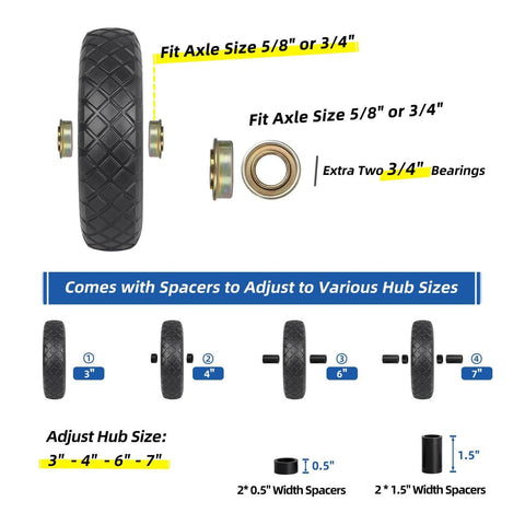 Flat Free 16 Inch Wheelbarrow Tire And Wheel Set Size 4.80 4.00 8 Solid Tire With 3 Inch Centered Hub And Five Eighth Inch Axle Bore
